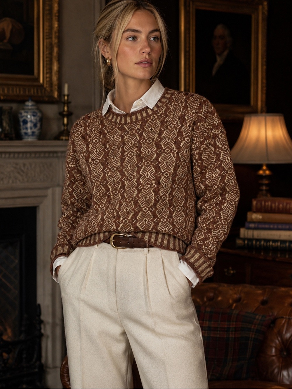 Vintage J. Peterman 100% Wool Heritage Sweater Brown Oatmeal New England Knit L